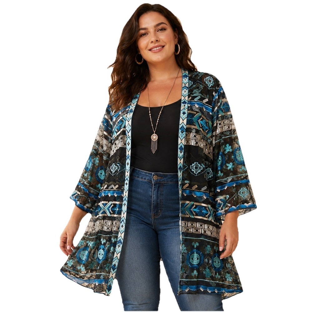 Cathrines Womens 0X XL Kimono Duster Cardigan Sheer Embroidery Teal Blue Floral